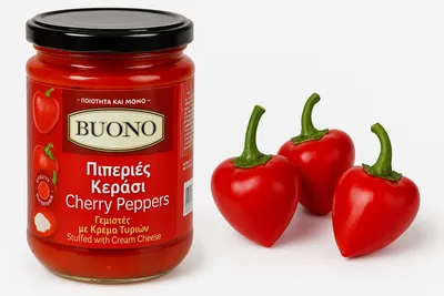 Produktbild von BUONO Gefüllte Kirschpaprika mit Frischkäse 170 g – Griechische Delikatesse, Süß-Pikant, Im Glas