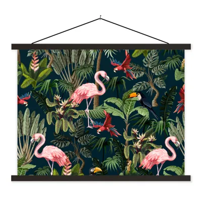 Produktbild von MuchoWow® Textilposter Jungtiere - Muster - Kinder - Flamingo - Papagei - Kinder 150x113 cm mit holzfarbenen Rahmen - Poster