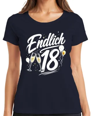 Immagine prodotto di Finalmente 18 anni, maglietta da donna con scritta "Finalmente maggiorenne", stile sarcastico, colore blu navy, taglia XL