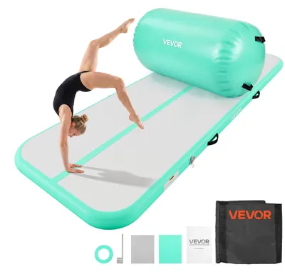 Image de Ensemble de tapis de gymnastique gonflables VEVOR, 3 x 1 mètre, rouleau de gymnastique à air vert menthe, idéal pour les salles de sport, les activités de plein air et le yoga. Pression : 3,2 psi. Coutures renforcées, poignées. Livré avec une pompe à air électrique de 600 W et une sacoche de rangement