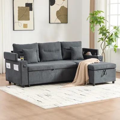 Image de OKWISH Canapé Convertible 3 Places avec Rangement Hydraulique et Porte-Gobelet, Lin, 212,5 x 136 x 86 cm - Gris Foncé
