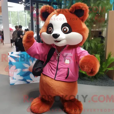 Produktbild von Rosaroter REDBROKOLY Panda Maskottchen Kostümfigur mit Popeline-Shirt und Schlüsselanhängern