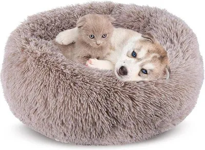 Image de Lit pour animal de compagnie en forme de beignet en peluche - doudou apaisant - lit pour chien ou chat de 60 cm - lit douillet et moelleux - pour petits chiens et chats - pour dormir au chaud - fond antidérapant - panier pour chat