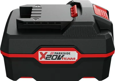 A black and red battery pack with the Parkside logo and 'X20V TEAM' text.