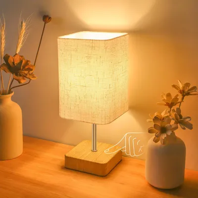 Image de Lampe de chevet tactile, avec variateur d'intensité, 3 niveaux de luminosité, abat-jour en lin