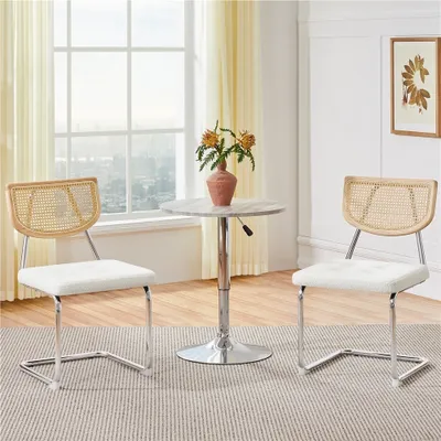 Produktbild von Yaheetech 2er Set Schwingstuhl mit Rattan Rückenlehne, Esszimmerstuhl Polsterstuhl aus Bouclé-Gewebe, Weiß