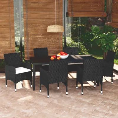 Image de The Living Store Ensemble de jardin 7 pièces avec coussins Poly rotin noir