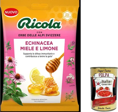 Produktbild von 6x Ricola Echinacea Honig Zitrone, original Schweizer Kräuter-Bonbons mit 13 Schweizer Alpenkräutern, wohltuender Genuss, 68g + Italian Gourmet polpa 400g