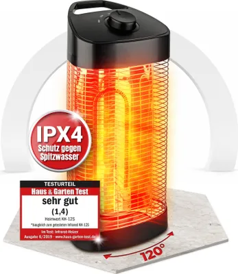 Produktbild von HEIMWERT Infrarot Heizstrahler, Infrarotheizung für Aussenbereich, Spritzwassergeschützt IPX4, Terrassenstrahler oszillierend, 1200 Watt 120 Grad