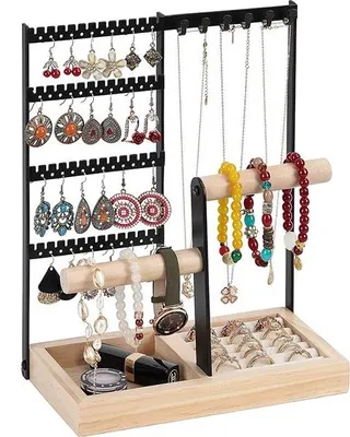 Produktbild von Jeweliersstand, mit 48 Löchern für Ohrringe, 6 Haken, 2 Armbandhalterungen und einem Ringfach, schwarz