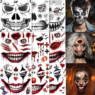 Produktbild von 7 Bögen Halloween-Gesichtstattoos + 1 Bogen Narben-Tattoos, Skelett, Zombie-Clown, Teufel und Hexe. Gesichtstattoos, Mund-Tattoos, Halloween-Make-up-Accessoires (B)