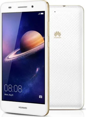 A white Huawei Y6 II smartphone with a gold trim is shown from the front and back.