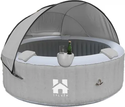 Produktbild von HOME DELUXE - Outdoor Whirlpool - SPLASH + Kissen, Getränkehalter und Sonnendach - Farbe: Grau - ⌀ 208 cm, 130 Luftdüsen - inkl. Abdeckung, Reparaturset, Filterset I Außen Spa für 6 Personen