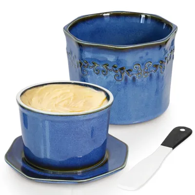 Obrázek produktu pro Máslenka s vodním chlazením - Keramická máslenka s víkem - Vintage máslenka - Protiskluzová - Ideální pro kuchyni a jídelní stůl - 9,5 cm x 10 cm