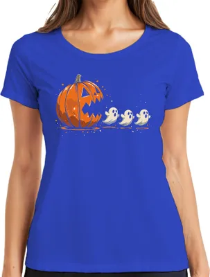 Produktbild von Pac-Man Horror Halloween Kürbis Geister Cartoon Niedlich Gruselig Damen T-Shirt, Blau, L