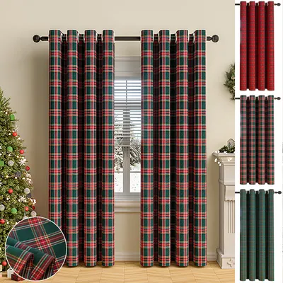 A collage of Christmas-themed plaid curtains, with a Christmas tree and fireplace visible in the background.