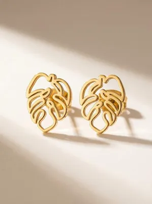 Produktbild von Lundholm Tropisk Ohrstecker Damen Vergoldet – Monstera Blatt – Premium Edelstahl Gold PVD – 1,2 x 0,9 cm – Hypoallergen Wasserfest