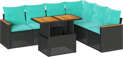 Produktbild von "im Sonderangebot" 7-tlg. Garten-Sofagarnitur moderne - Gartenmöbel Sets - Gartengarnitur - mit Kissen Schwarz Poly Rattan - NeuMöbel2027172
