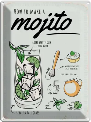 Produktbild von vianmo Blechschild 40x30 cm Mojito Cocktail Recipewhite rum Essen Trinken