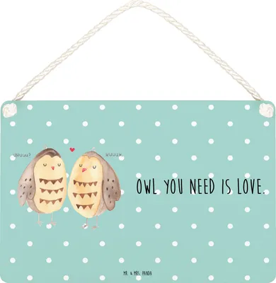 Produktbild von Mr. & Mrs. Panda Schild Eulen Liebe DIN A5 - Türkis Pastell - Geschenk, wandtafel, Türschild, Owl, kleine aufmerksamkeit, Wortspiel, Eule, holzbild, Holzschild