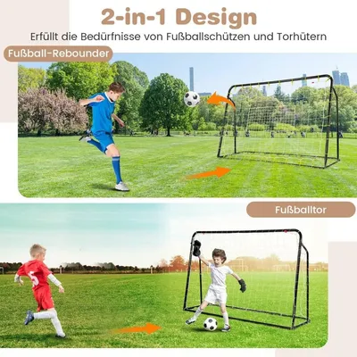 Image de But de football 2 en 1 et buts de football à rebond 187 x 60 x 102-122,5 cm Kit de but de football pour enfants réglable en hauteur noir