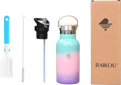 Produktbild von RAIKOU Trinkflasche 350ml Wasserflasche Thermoflasche mit 2 Deckel Gr??n/Pink/Lavendel