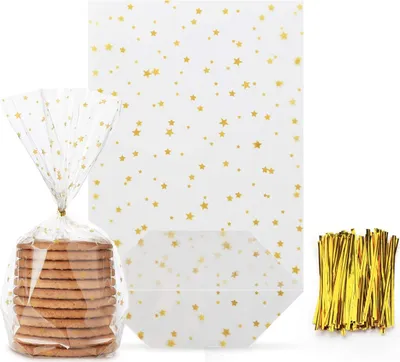Produktbild von 100 Stück Bodenbeutel Sterne Gold OPP Beutel mit Gold Band Verpackung Keksbeutel Gebäckbeutel Weihnachtsbeutel Klarsichtbeutel Folienbeutel Tüten