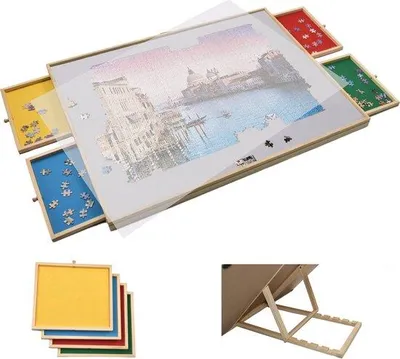 Produktbild von FlinQ Verstellbares Puzzlebrett mit Sortiersystem – Puzzlematte mit Schutz – 4 Schubladen für 1500 Teile – Holz-Puzzleplatte – Puzzeltisch – Puzzleträger – 89 x 68,7 x 4 cm