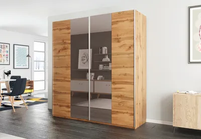Produktbild von Easy4You Praga Eiche Wotan Schiebetüren Kleiderschrank 200x210x65 cm mit Spiegel - Schlafzimmermöbel, Aufbewahrung – Mehrzweckschrank mit 4 Kleiderstangen