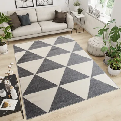 Obrázek produktu pro Koberec Obývací pokoj Ložnice Krátký vlas Moderní design Geometrický Marocký Trojúhelníky Šedá Krémová ÖKOTEX 200 x 290 cm