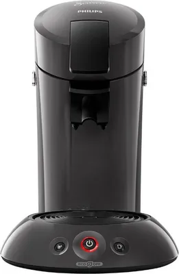 A black Senseo coffee machine is shown from the front on a white background.