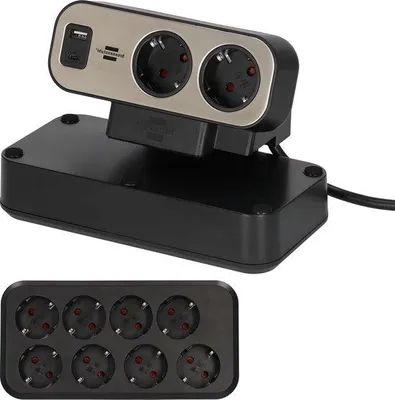Zdjęcie produktu dla Podwójna listwa zasilająca USB-C z wyłącznikiem – 10 gniazd – srebrno-czarna – 2 m