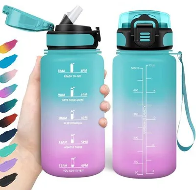 Obrázek produktu pro Ibenzoa® láhev na vodu, 500 ml – plast bez BPA, s brčkem a ukazatelem teploty, rozsah 10–80 °C, ergonomický design vhodný do školy i pro sport