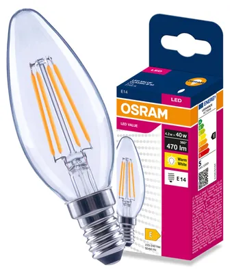 Produktbild von LED-Lampe E14, "Świeczka" Modell, B35, 4,2W = 40W, 470lm, 2700K (warmweiß), 300° Filament, VALUE, Osram, KI-generiertes Bild