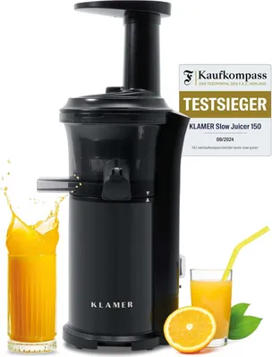 Produktbild von KLAMER Slow Juicer Gemüse und Obst, Entsafter mit Rückwärtsgang, elektrische Fruchtpresse mit Bürste und 2 Behältern, schlankes Design, schwarz