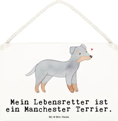 Produktbild von Mr. & Mrs. Panda Schild Manchester Terrier Lebensretter DIN A6 - Weiß - Geschenk, holzbild, Holzschild, Motivschild, Wandbild Holz, kleine aufmerksamkeit