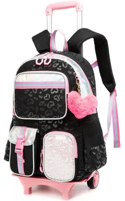 Image de Sac à dos à roulettes pour filles, 5 en 1, idéal pour l'école, les voyages, avec une housse pour ordinateur portable de 17 pouces et une boîte à lunch, couleur noire