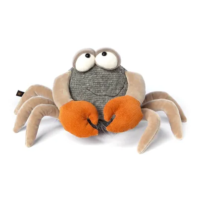 A plush crab toy is shown against a white background.