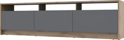 A modern media console with three grey cabinet doors and a wood-grain base and top.