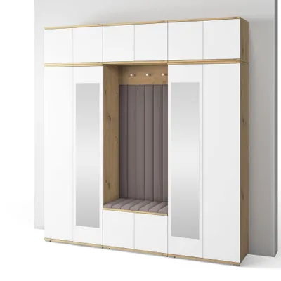 Produktbild von Garderoben-Set Aura Version 10: Kleiderschrank mit Polsterpaneelen, Schuhschrank Flur und Eingangsbereich (weiß/Artisan-Eiche /Trinity 05)
