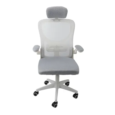 Obrázok produktu pre Kancelárska stolička so sieťovaným operadlom – ergonomická s bedrovou opierkou, 3D opierkou hlavy, sklopnými podrúčkami, kolieskami, pohodlná otočná stolička a herná stolička, sivá