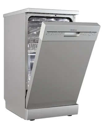A silver freestanding or under-counter dishwasher with the door open, showing the interior racks.