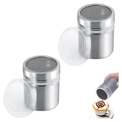 Produktbild von 2 Stück Puderzuckerstreuer,Kakaostreuer für Cappuccino,Edelstahl Puderzuckermühle,Puderzucker Streuer mit zwei Verschlusskappen,für Kakao,Kaffee,Schokolade,Zucker,Salz