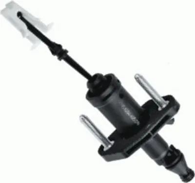 A black clutch master cylinder with a silver rod and mounting bolts against a white background.