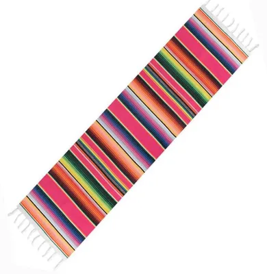 Productafbeelding van Linnen tafelkleed van katoen met franjes, 35x215 cm, regenboogstrepen, afwasbaar