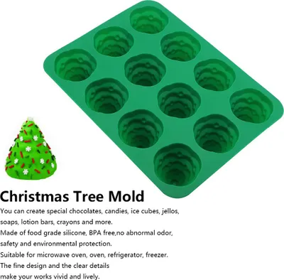Produktbild von 12 Löcher DIY Weihnachtsbaum Silikonform Kuchenform für Mousse Schokolade Muffin Backen ToolGrün