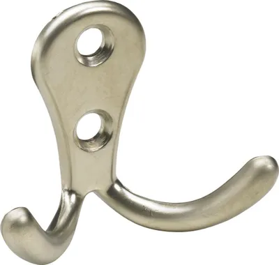 A close-up studio shot of a double coat hook.