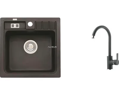 Zdjęcie produktu dla Zlewozmywak granitowy z baterią ALVEUS Niagara 20 Carbon 91 465x465 mm + bateria Tonia SETA103