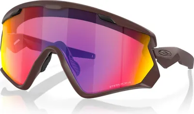 A pair of Oakley sport sunglasses with a brown frame and multi-colored lenses, shown on a white background.