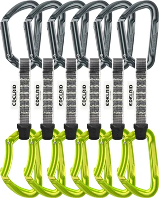Sechs grüne Karabiner mit grauen Bändern aus dem Vorteilspack "Pure Set Sixpack" von Edelrid für Kletterzubehör.